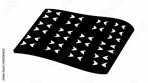 Black rectangular shape with rounded corners and a pattern of white arrowheads scattered across it evenly