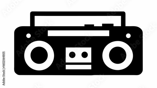 Illustration of a black and white boombox with circular speakers and a rectangular cassette deck area