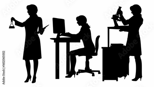 Silhouette of three women in lab coats performing different tasks in a laboratory setting on a white background
