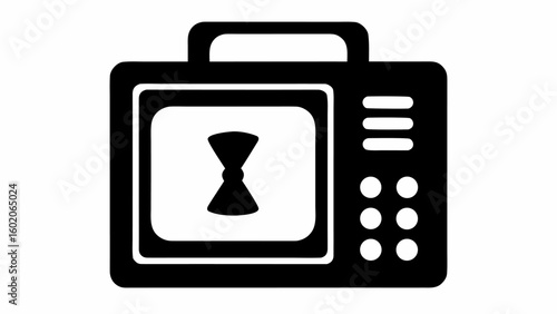 Black and white illustration of a medical ultrasound machine displaying an hourglass shape on screen