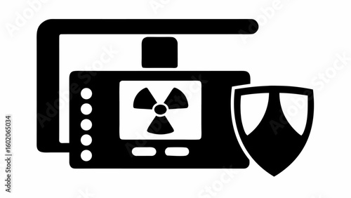 Illustration of a radiation detection device with a shield for safety in black and white style