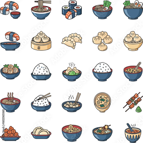 Collection of Asian cuisine illustrations: noodles, sushi, dumplings, rice dishes.