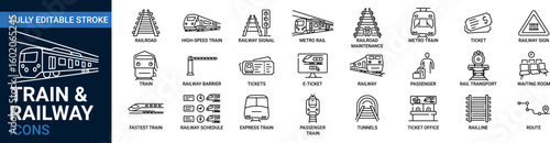 Railway and railroad editable line icon set. Train vector sign.