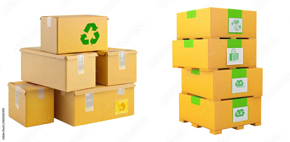 Obraz premium Stacked cardboard boxes with ecommerce symbol isolated on transparent PNG image perfect for logistics and packaging visuals