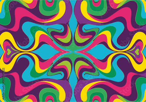 A vibrant and symmetrical psychedelic pattern swirls with groovy, fluid shapes in a bold retro color palette of purple, magenta, yellow, and blue.
