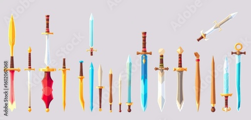A whimsical collection of cartoon swords, various styles and sizes, perfect for game assets,   sword art,  illustration