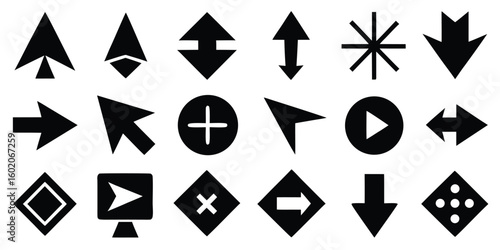 Collection of black arrow and symbol silhouettes isolated on white background