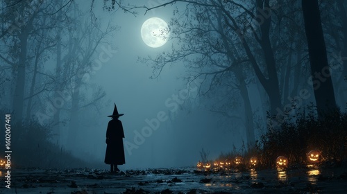 Witch Silhouette in a Misty Forest on Halloween Night with Jack-o'-Lanterns