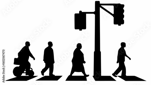 Silhouetted pedestrians crossing a street at a crosswalk under a traffic light, black on white background