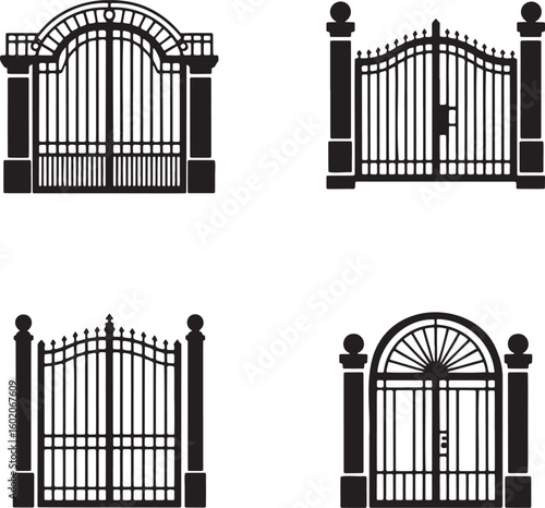 Set of Vintage gate silhouette vector illustration isolated On Transparent Background