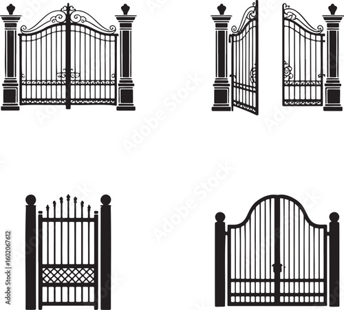 Set of Vintage gate silhouette vector illustration isolated On Transparent Background