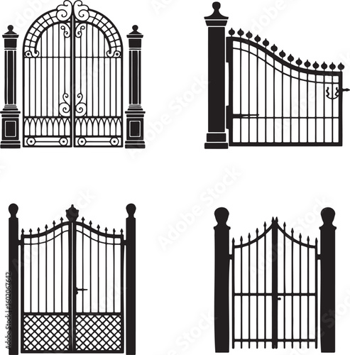 Set of Vintage gate silhouette vector illustration isolated On Transparent Background