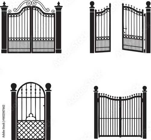 Set of Vintage gate silhouette vector illustration isolated On Transparent Background