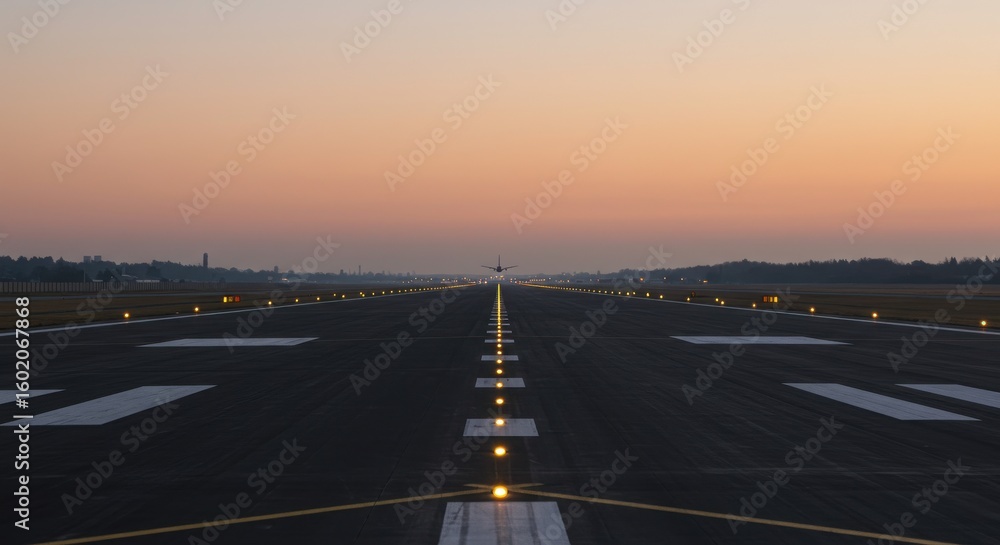 Obraz premium A plane approaches the runway for landing at dusk