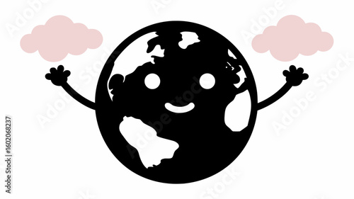 Cartoon earth with arms raised towards two pink clouds on a white background in a simple vector style