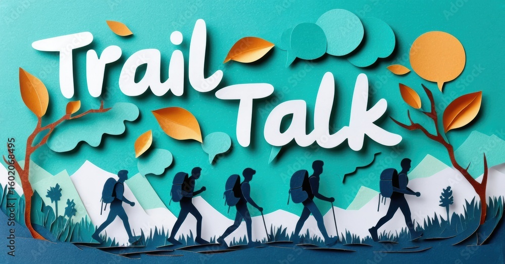 Fototapeta premium Papercraft illustration depicts hikers traversing mountains. Bright colors, stylized design, text Trail Talk above scene. Sunny outdoor adventure.