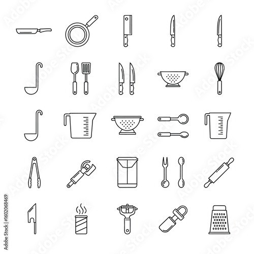 A collection of black and white line art icons depicting various kitchen utensils and cooking tools.
