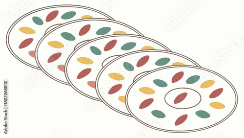 Five white discs with colorful oval shapes arranged in a circular pattern in a diagonal view