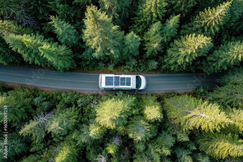 Van Top View. Aerial Shot of White Camper Van Driving through Lush Green Forest