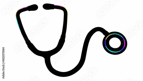 A black stethoscope with rainbow highlights is displayed on a white background in a medical setting