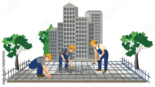 Three construction workers on rebar grid with city buildings and trees in the background scene view