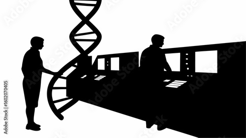Silhouette of two scientists working with a dna model and a control panel in a laboratory setting