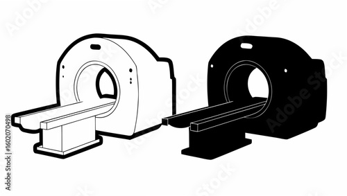 Illustration of two ct scan machines one in white outline and the other in black silhouette style
