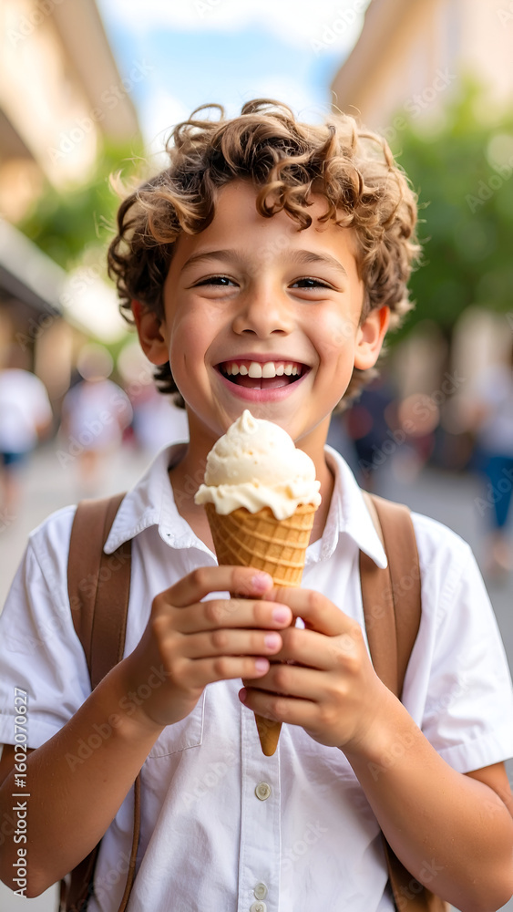 Happy boy eating ice cream outdoors. Happy boy eating ice cream outdoors.