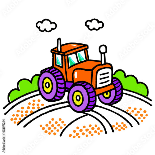 Colorful cartoon tractor driving on field with plowed soil and clouds  