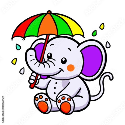 Cute cartoon elephant holding a colorful umbrella with raindrops  