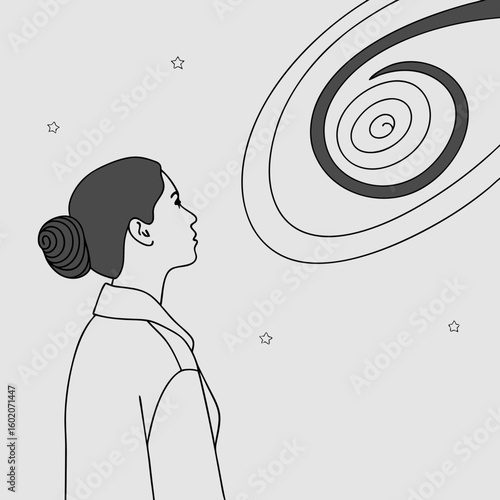 Woman contemplating a galaxy in a minimalist line art style  