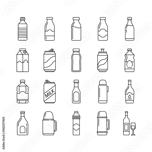 A set of outline icons showing various types of beverage containers like bottles, cans, and cartons.