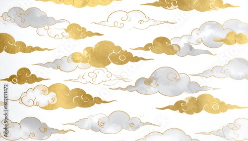 Delicate gold and silver clouds on white