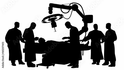 Silhouette illustration of a surgical team performing an operation with robotic assistance in an operating room