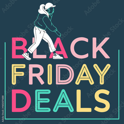 Black Friday Deals typographic vector design with person walking sale shopping