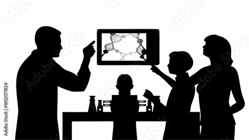 Silhouette of family looking at dna model on screen in lab with beakers and flasks on table top view