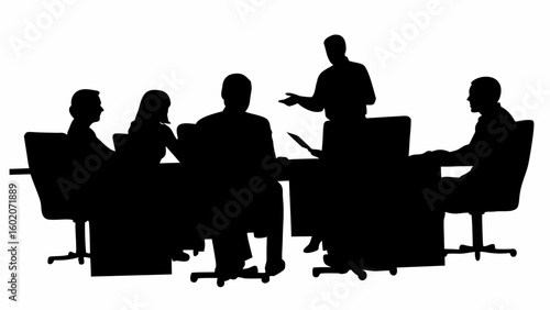 Silhouette of a business meeting with five people sitting around a table and one person standing up talking