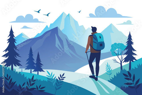 Silhouette of a person hiking up a mountain with a backpack, trees and birds in the background