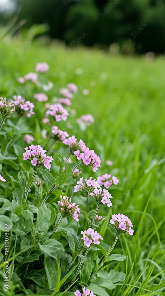 Obraz premium Enchanting Pink Blossoms Amidst Lush Green Grass: A Serene Nature Scene Capturing the Delicate Beauty of Springtime Floral Growth