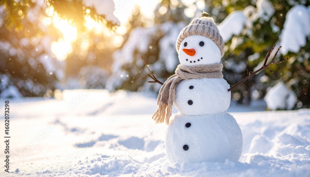 Fototapeta premium Happy new year celebration with a fun cartoon snowman in a winter landscape with a hat and scarf, decorated with snowflakes and a Christmas tree