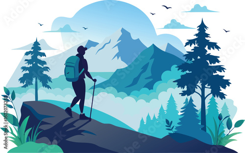 Silhouette of a person hiking up a mountain with a backpack, trees and birds in the background