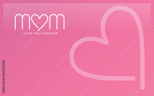 Letter M logo with love symbol, forming the word mother in pink background color