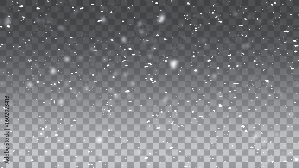 Glittering snowflakes in mid air on transparent background. Snow overlay effects creating a peaceful winter ambiance. 