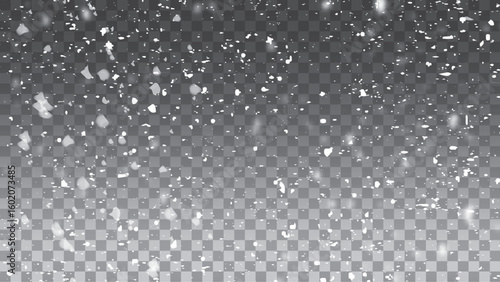 White snow overlay on a clear, transparent dark background. Vector frosty particles illustration stock illustration