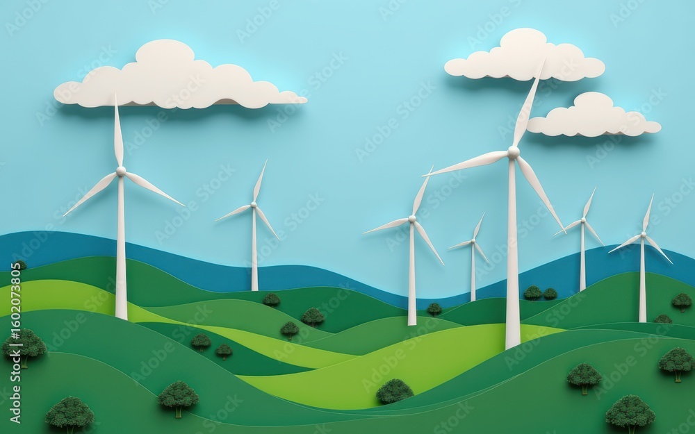 Fototapeta premium Paper cut style of Environment concept. Colorful landscape featuring wind turbines on rolling hills under a blue sky with clouds.
