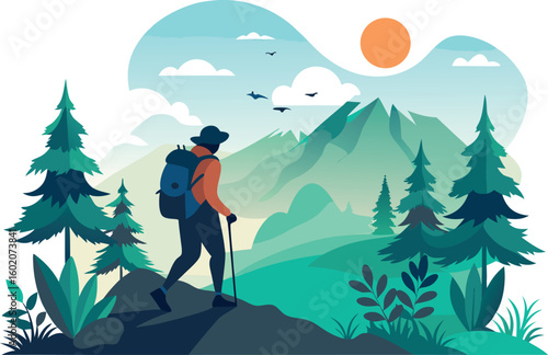 Silhouette of a person hiking up a mountain with a backpack, trees and birds in the background