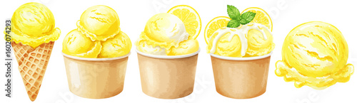 レモンとミントの乗った黄色いレモンアイスクリームの水彩ベクターイラストセット コーンアイス/ カップアイス	