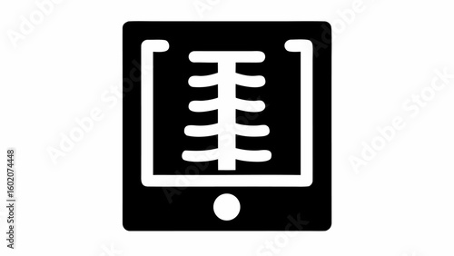 Illustration of a black and white x ray image showing a spine inside of a square with a circle below it