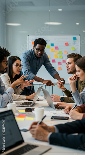 A diverse group of colleagues collaborates around a table in a modern office, discussing ideas and using laptops, with a whiteboard in the background.