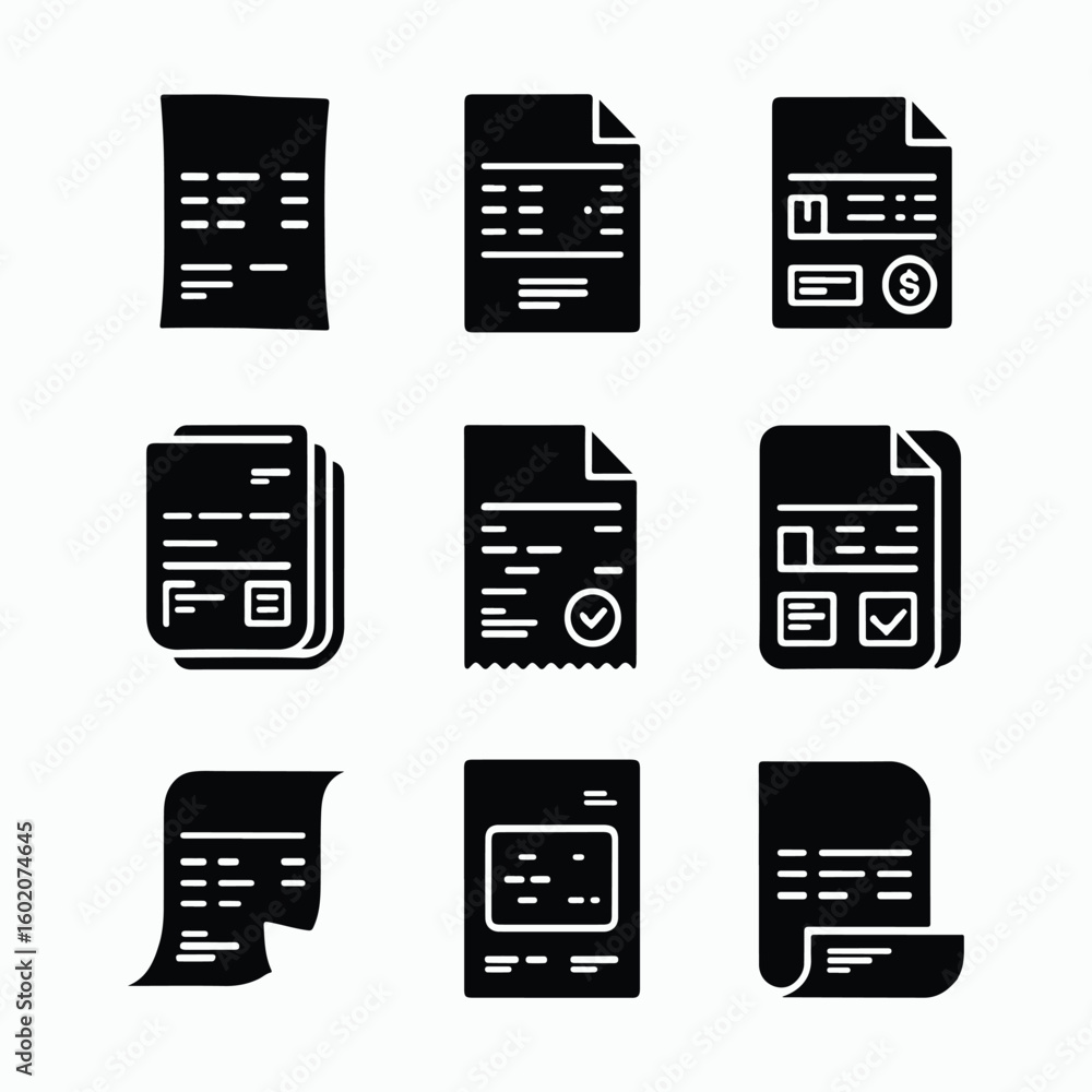 Set of Black and White Invoice and Receipt Icons
Set of Black and White Invoice and Receipt Icons